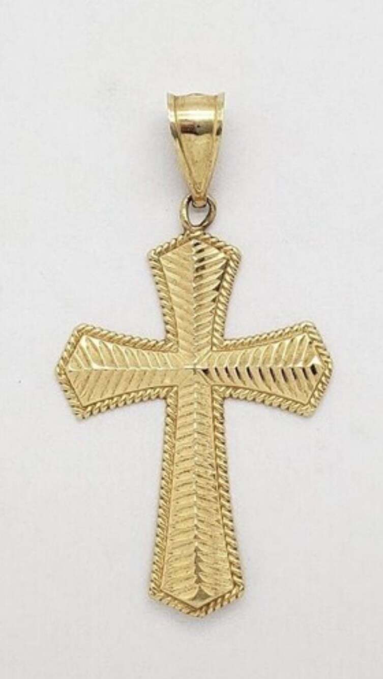 Vintage 14K Yellow Gold Textured Cross Pendant with Rope Border